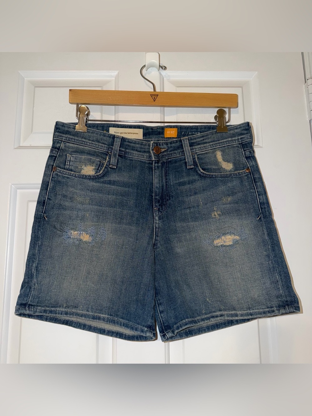 Anthropologie Pilcro blue denim distressed paint splatter shorts 6” inseam 27